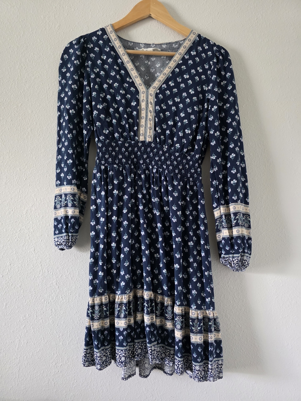 Navy Floral V-Neck Smocked Waist Dress